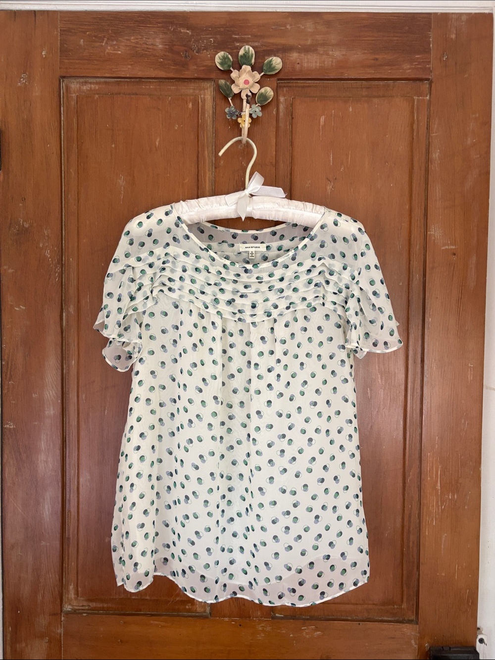 Max Studio Cream Blouse with Green Polka Dots and Ruffle Yoke
